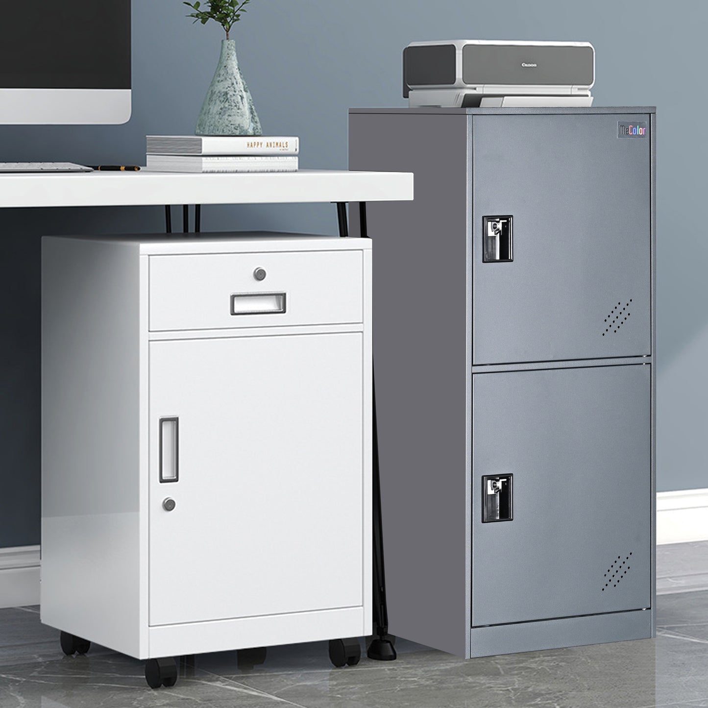 Metal storage cabinet with doors, vertical small locker for books files tools storage, corner cabient for bedroom living room garage home gym office