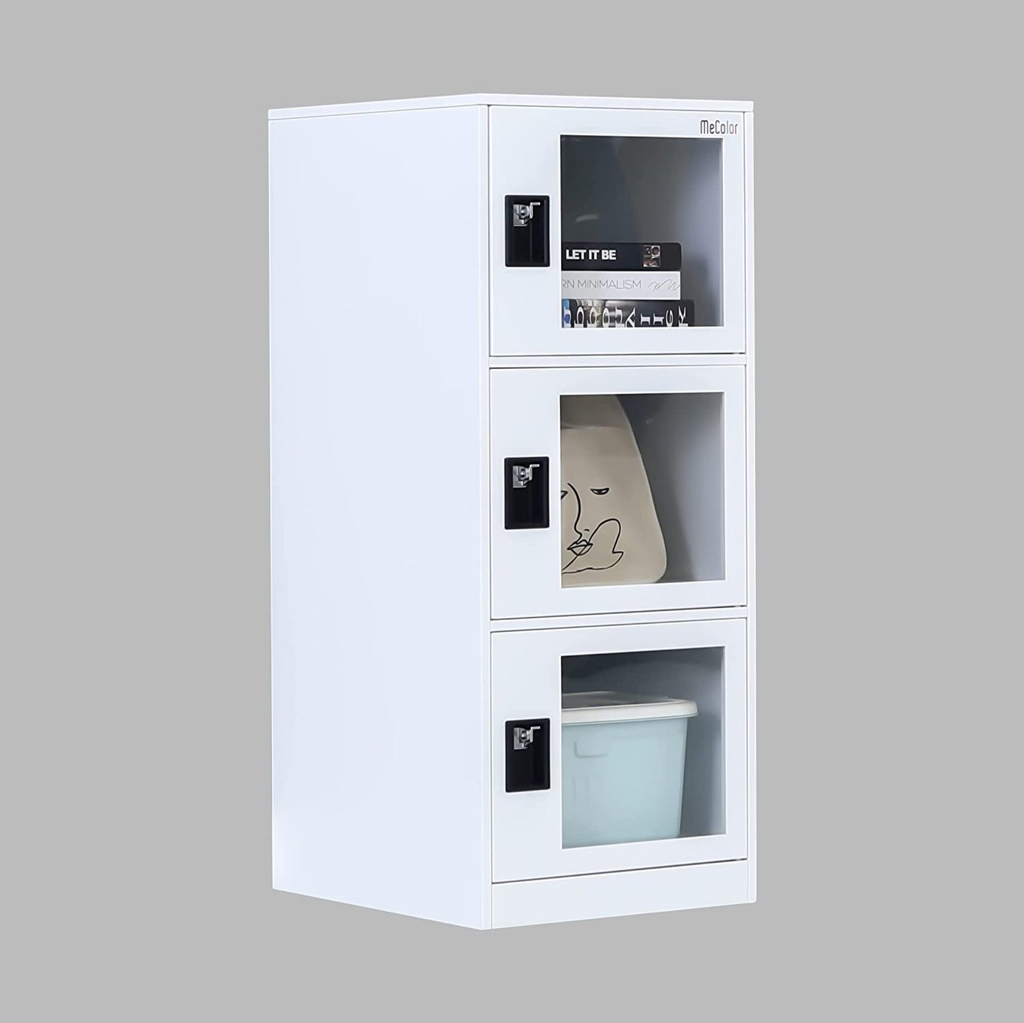 MECOLOR Vertical Single Tier Small Locker with Padlock latche Plastic Door 2 or 3 Compartment Storage for Employee,Home,Office,School,Kids (White,G3V)