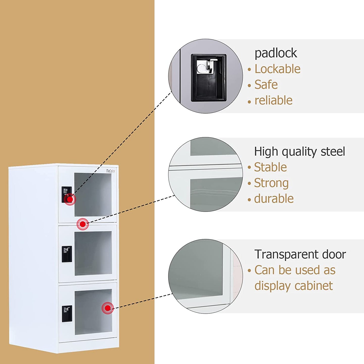 MECOLOR Vertical Single Tier Small Locker with Padlock latche Plastic Door 2 or 3 Compartment Storage for Employee,Home,Office,School,Kids (White,G3V)