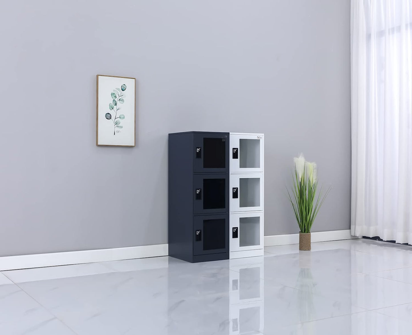 MECOLOR Vertical Single Tier Small Locker with Padlock latche Plastic Door 2 or 3 Compartment Storage for Employee,Home,Office,School,Kids (Dark Grey, G3V)
