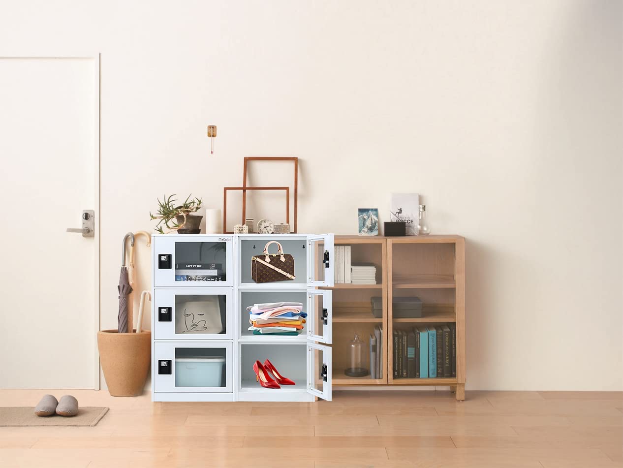 MECOLOR Vertical Single Tier Small Locker with Padlock latche Plastic Door 2 or 3 Compartment Storage for Employee,Home,Office,School,Kids (White,G3V)