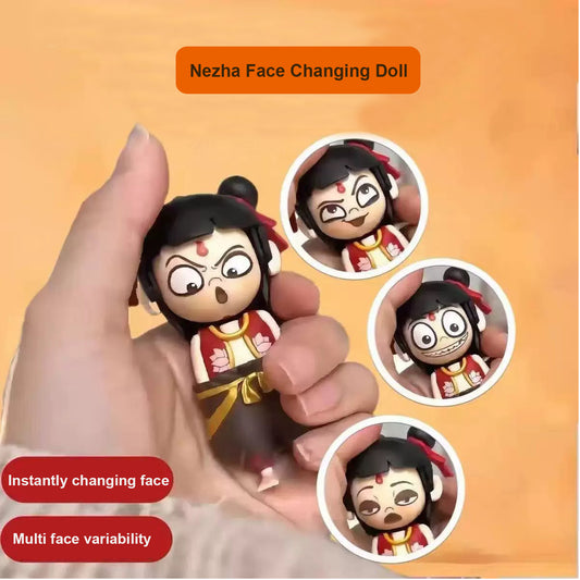 Nezha's Ocean Rebellion Press-Action Desk Toy Figurine,Nezha Emoji Keychain with Transformable Faces