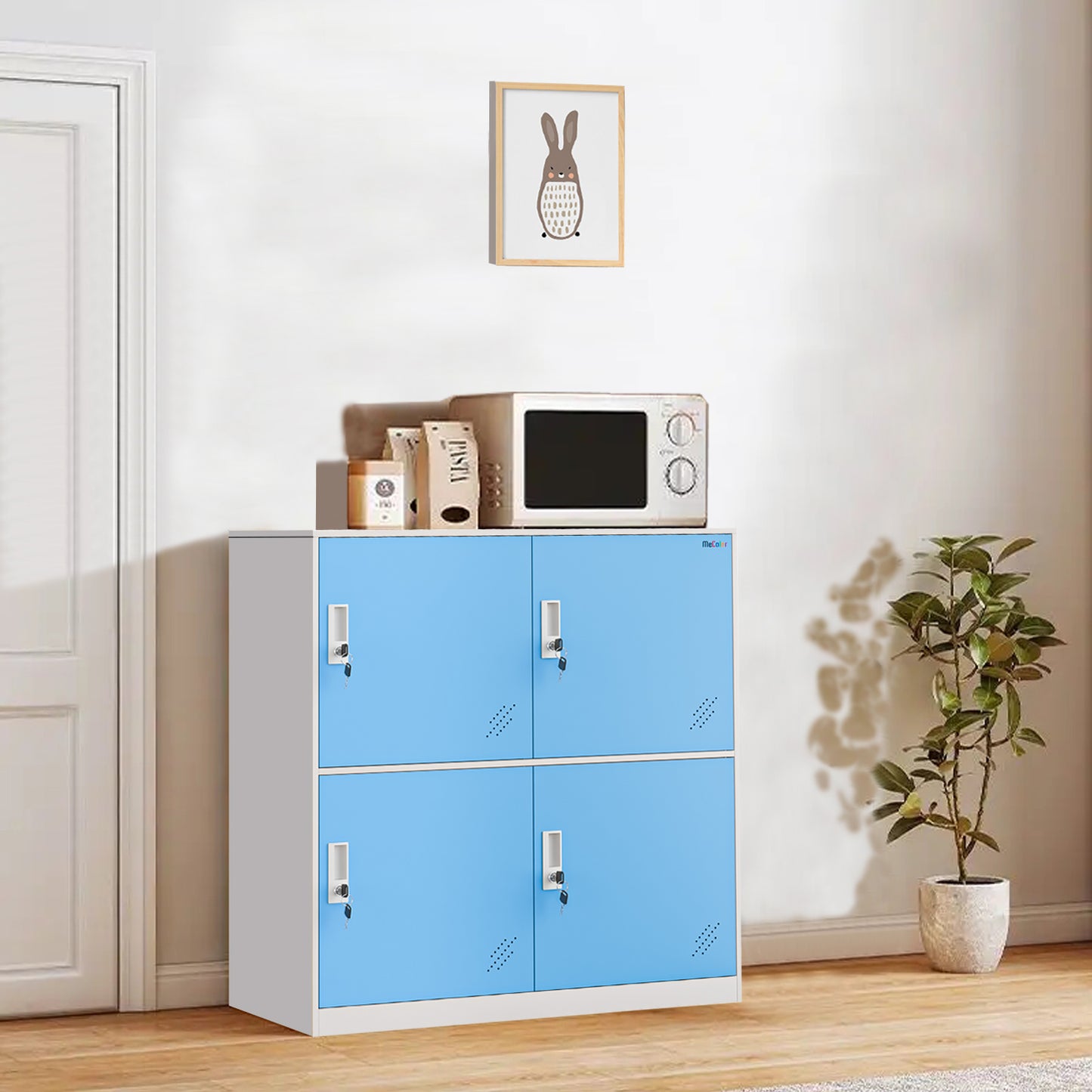 Mecolor Kids Living Room Locker 4 Door Metal Locker Small Size Storage for School Bags Shoes and Toy (Blue)
