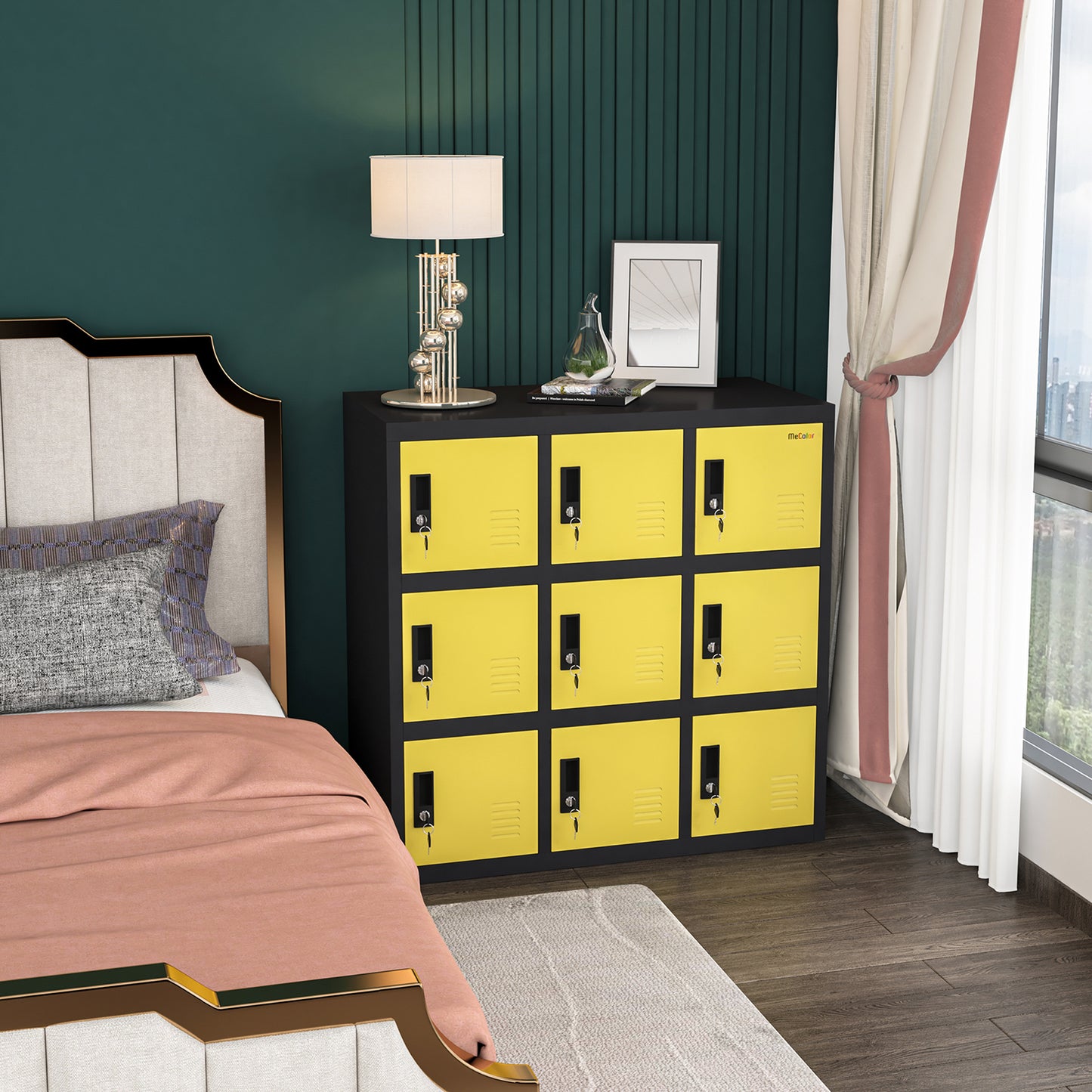 Casier en métal pour enfants, pour chambre de fille et salle de jeux, rangement pour vêtements, sacs, jouets et livres (jaune, 9D)