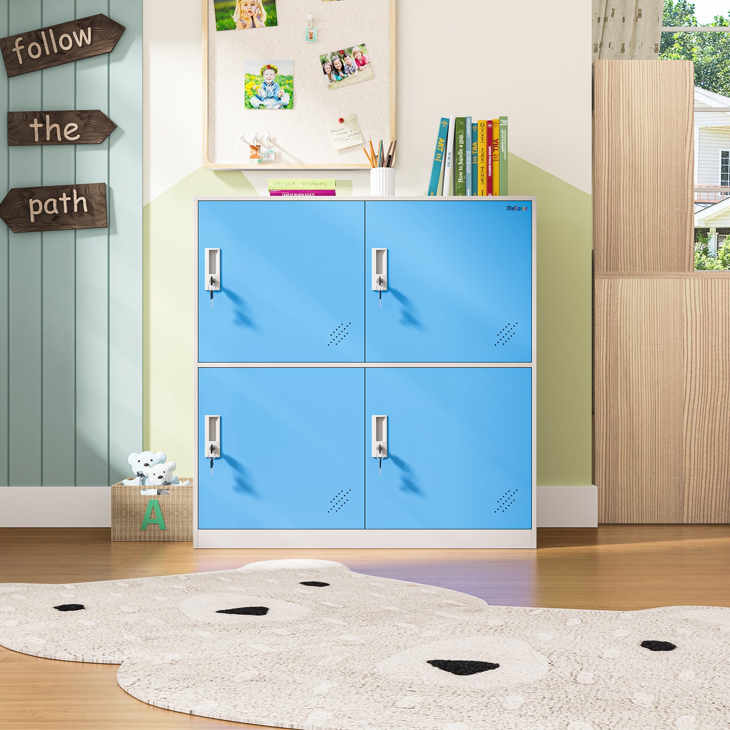 Mecolor Kids Living Room Locker 4 Door Metal Locker Small Size Storage for School Bags Shoes and Toy (Blue)