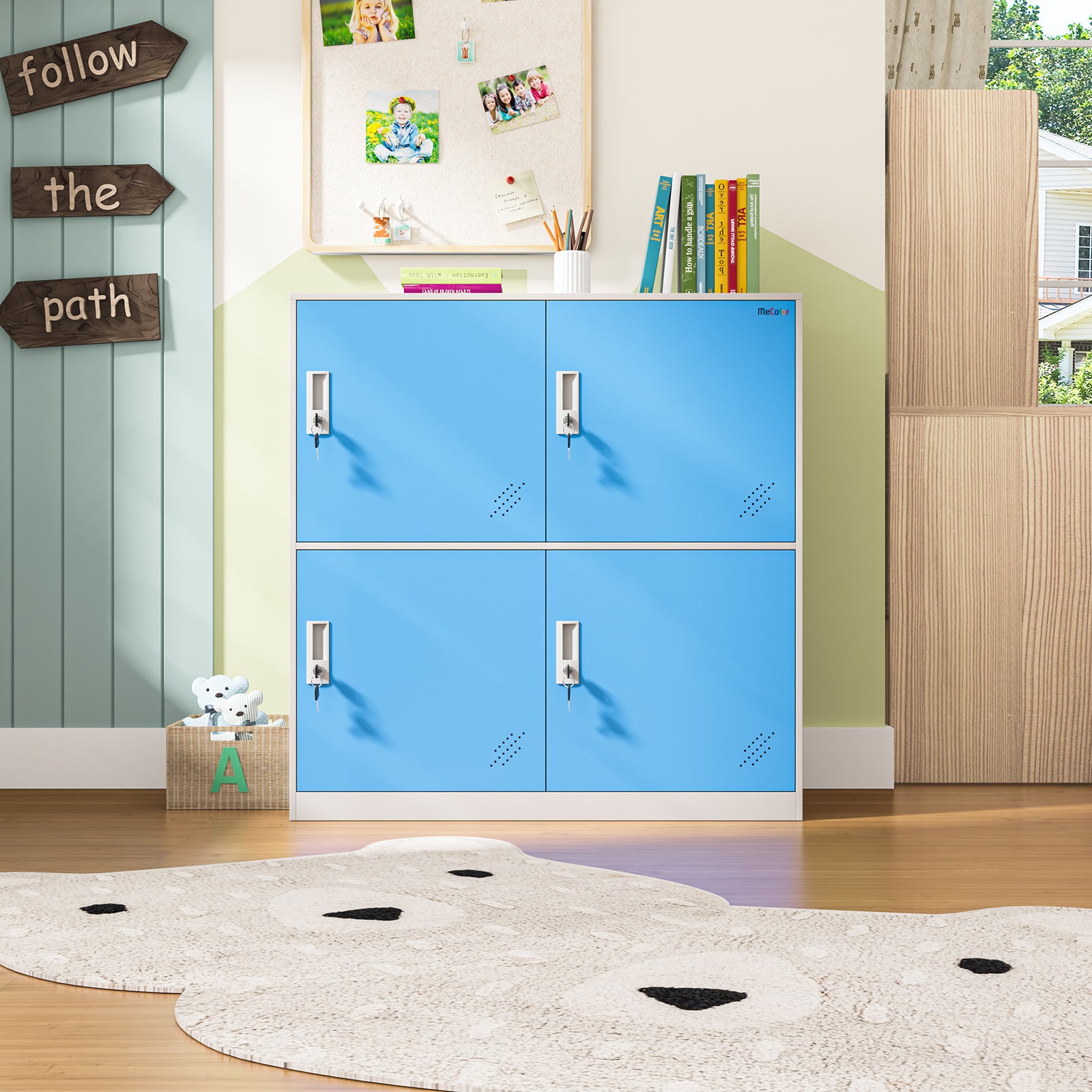 Armadietto per bambini MeColor per soggiorno, armadietto metallico a 4 porte, piccole dimensioni, per zaini scolastici, scarpe e giocattoli (Blu)
