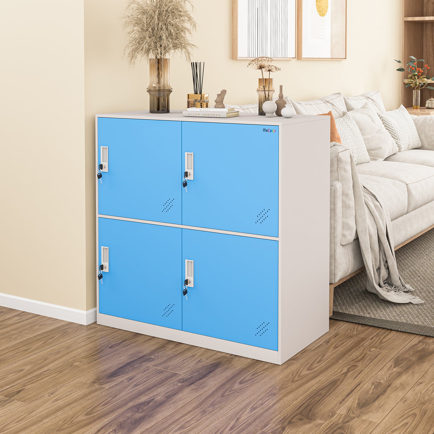 Mecolor Kids Living Room Locker 4 Door Metal Locker Small Size Storage for School Bags Shoes and Toy (Blue)