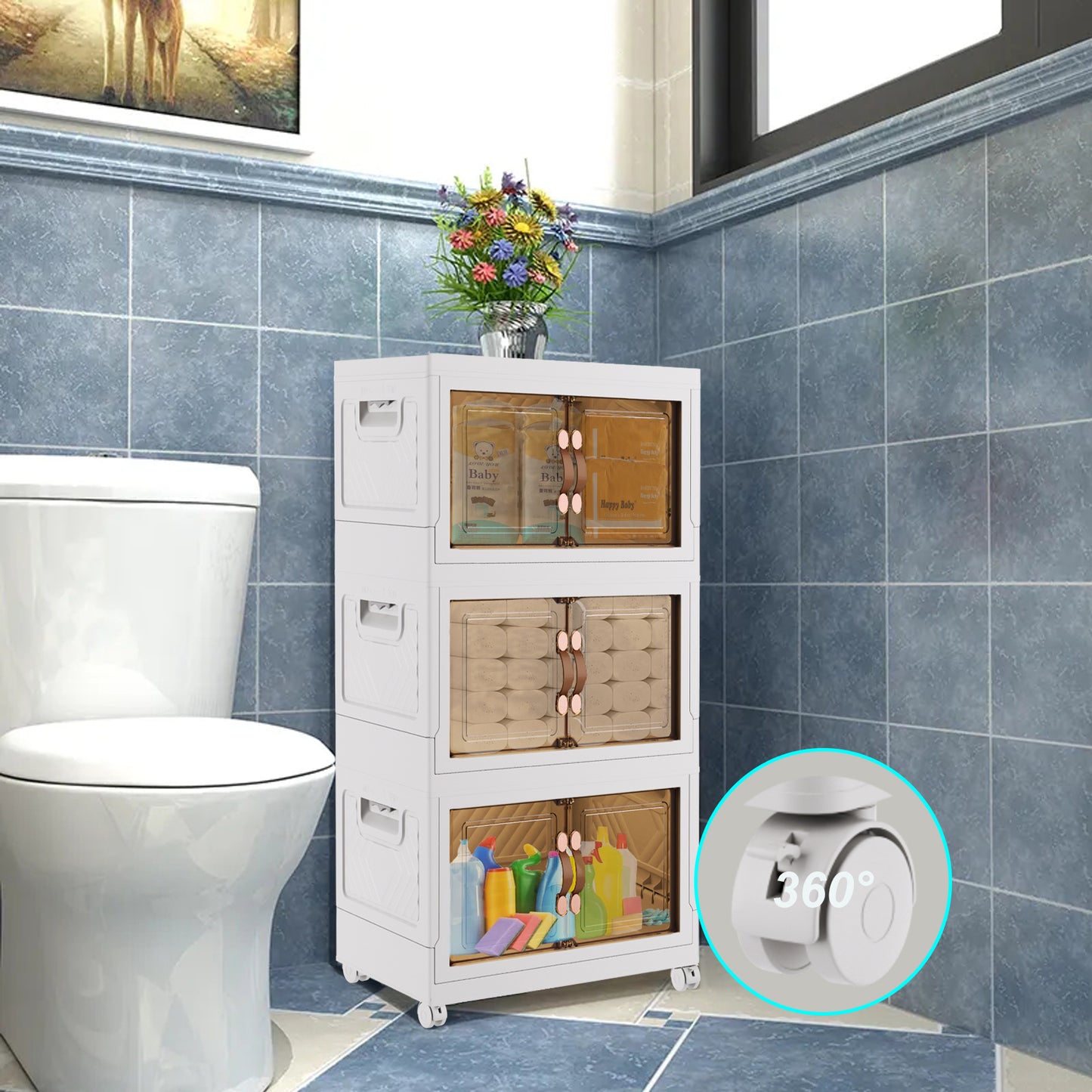 Plastic Foldable with Doors Clear Collapsible Storage Cabinet with Wheels Large Folding Stackable Closet Storage