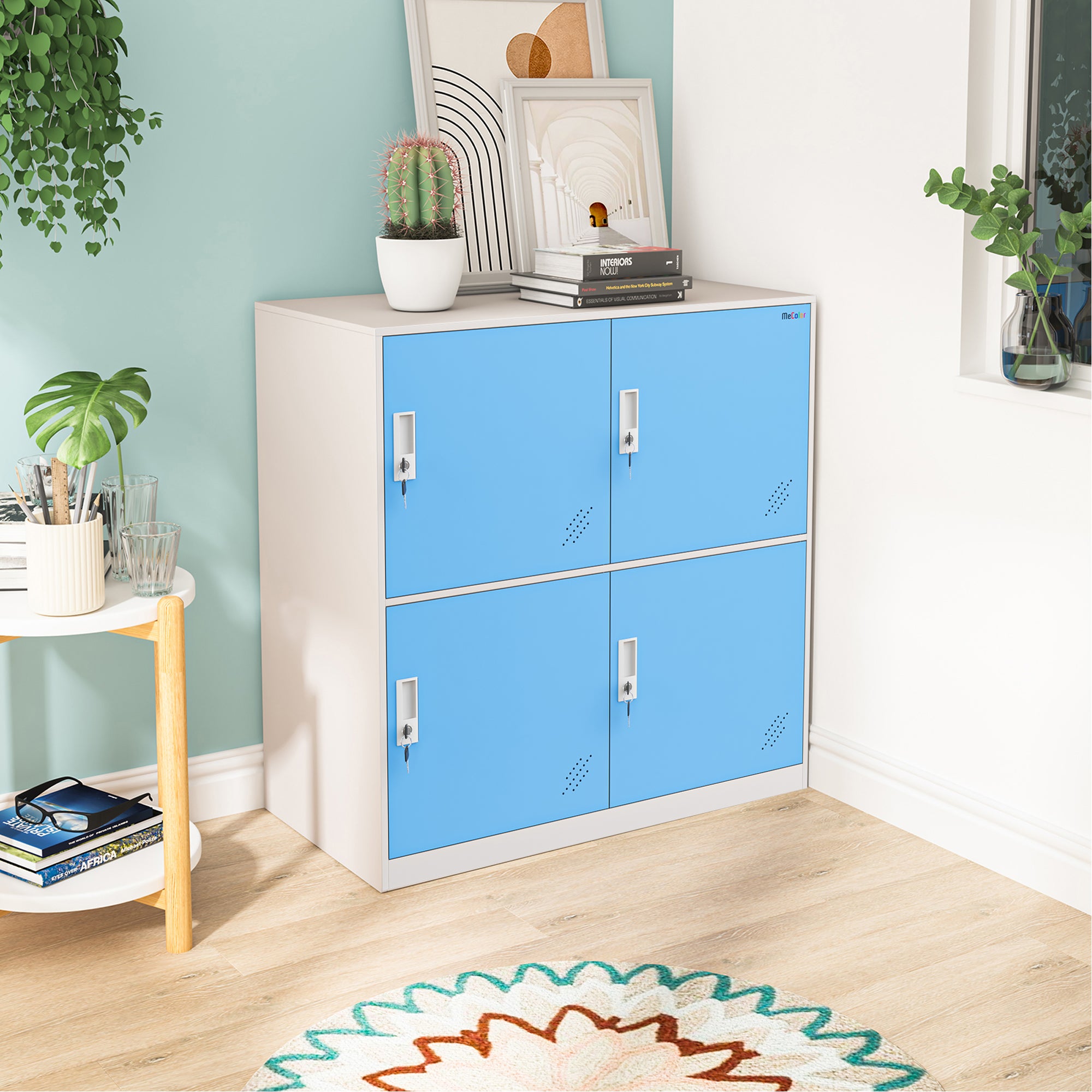 Armadietto per bambini MeColor per soggiorno, armadietto metallico a 4 porte, piccole dimensioni, per zaini scolastici, scarpe e giocattoli (Blu)
