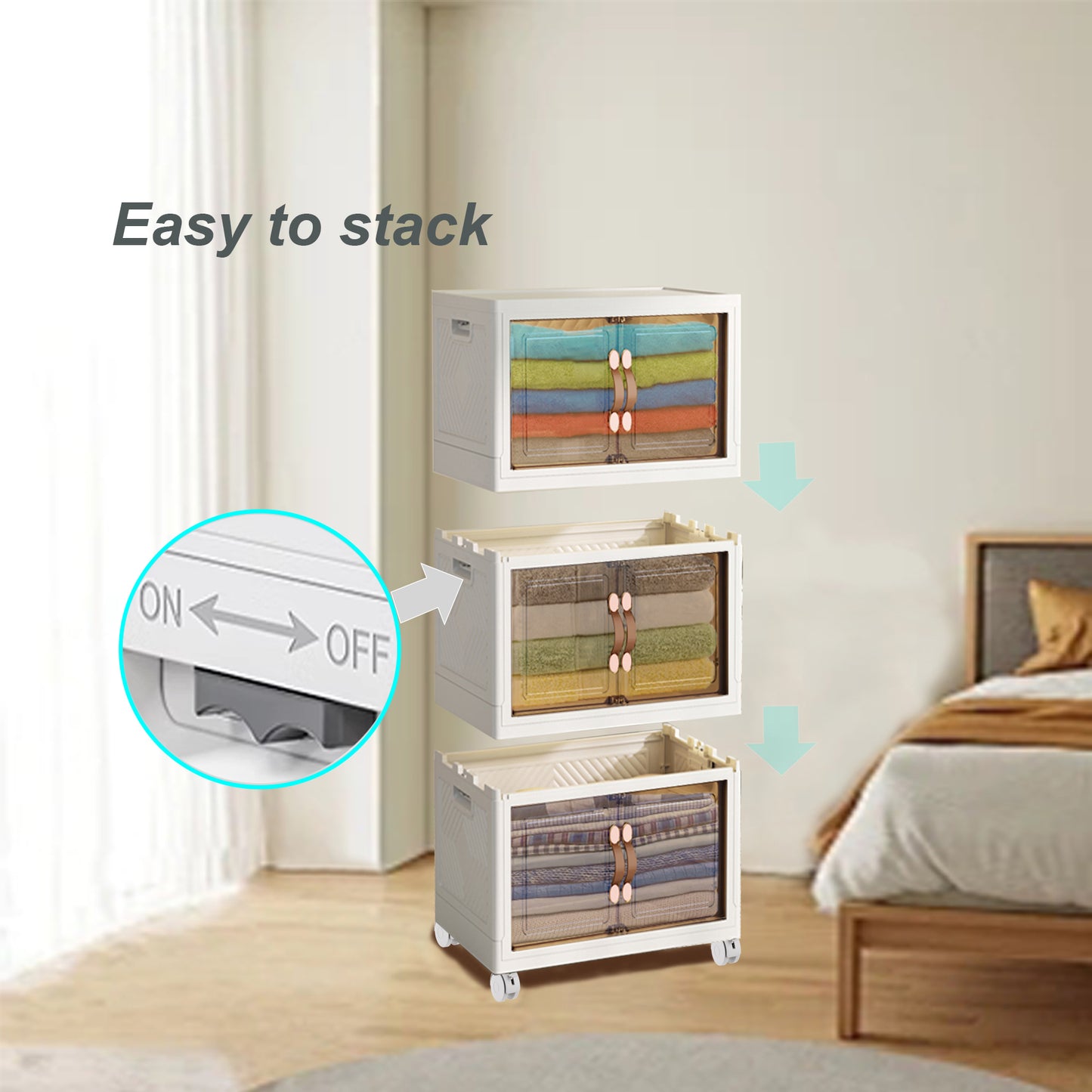 Stackable Storage Bins with Lid,  Plastic Collapsible Storage Cabinet, Foldable Folding Box Organizer/Storage Container Cart with Wheel and Door
