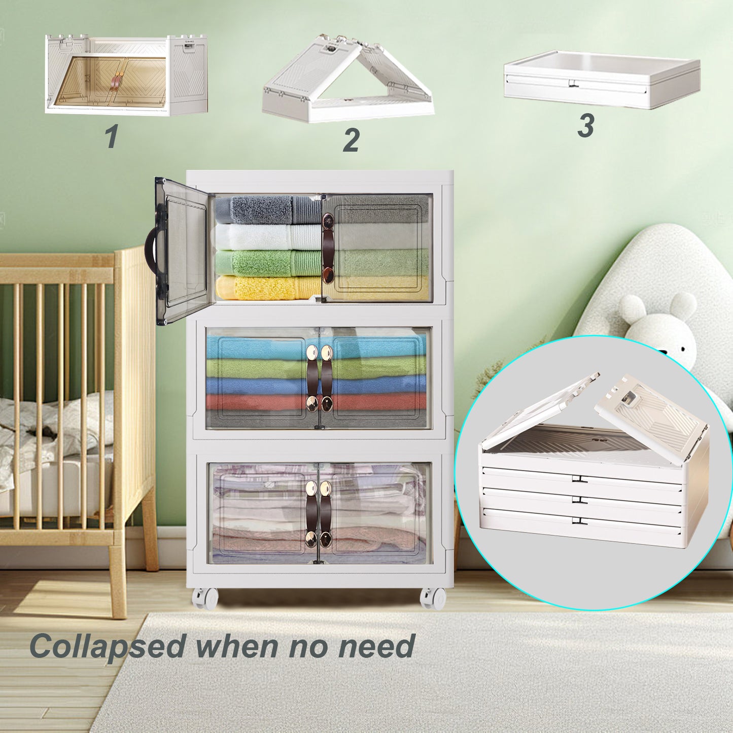Plastic Foldable with Doors Clear Collapsible Storage Cabinet with Wheels Large Folding Stackable Closet Storage