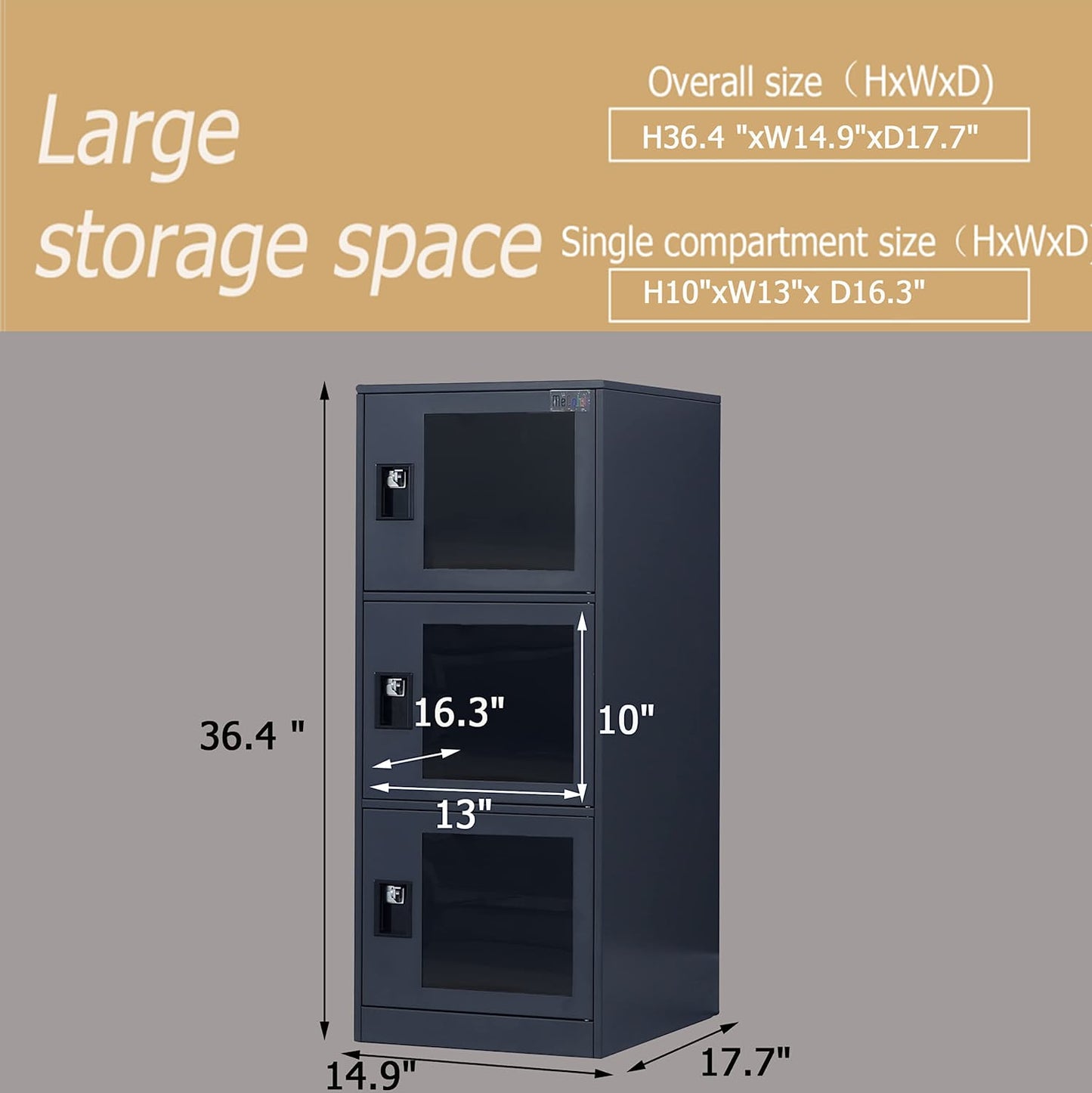 MECOLOR Vertical Single Tier Small Locker with Padlock latche Plastic Door 2 or 3 Compartment Storage for Employee,Home,Office,School,Kids (Dark Grey, G3V)