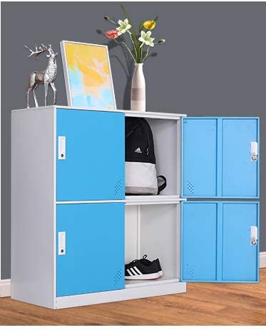 Casier de salon en métal à 4 portes pour enfants, rangement de petite taille pour sacs d'école, chaussures et jouets (bleu/blanc) 