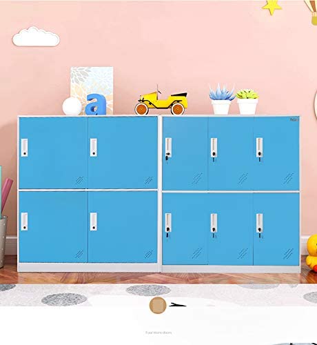 Casier de salon en métal à 4 portes pour enfants, rangement de petite taille pour sacs d'école, chaussures et jouets (bleu/blanc) 