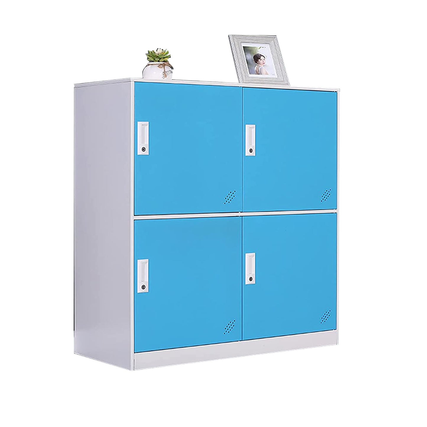 Casier de salon en métal à 4 portes pour enfants, rangement de petite taille pour sacs d'école, chaussures et jouets (bleu/blanc) 