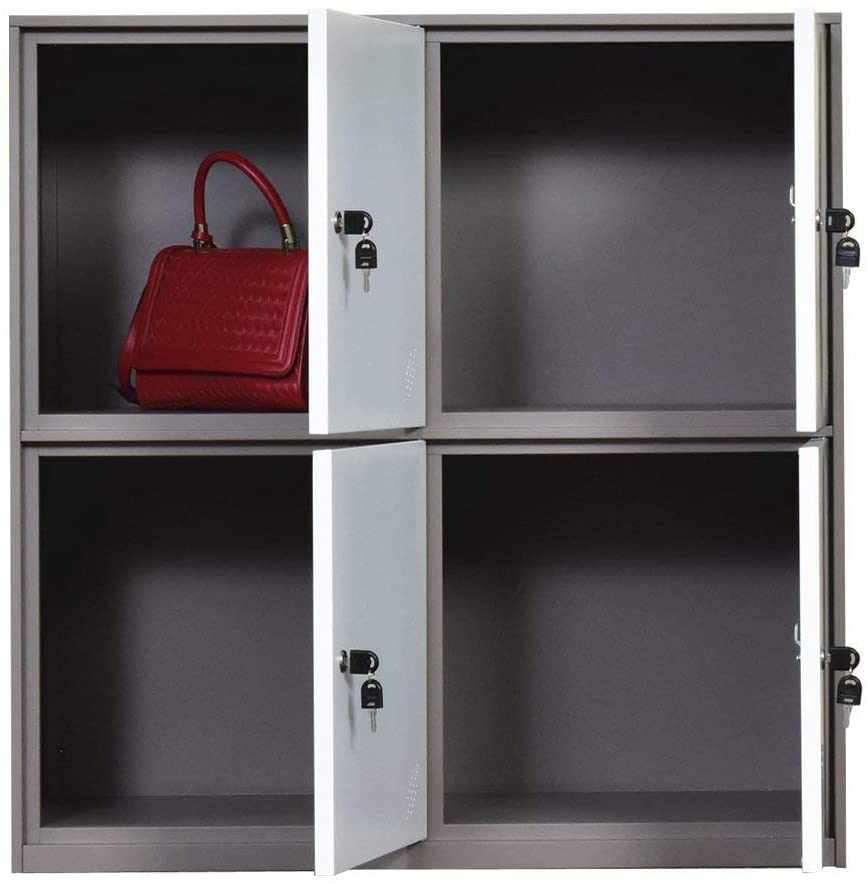 Casier de salon en métal à 4 portes pour enfants, rangement de petite taille pour sacs d'école, chaussures et jouets (bleu/blanc) 